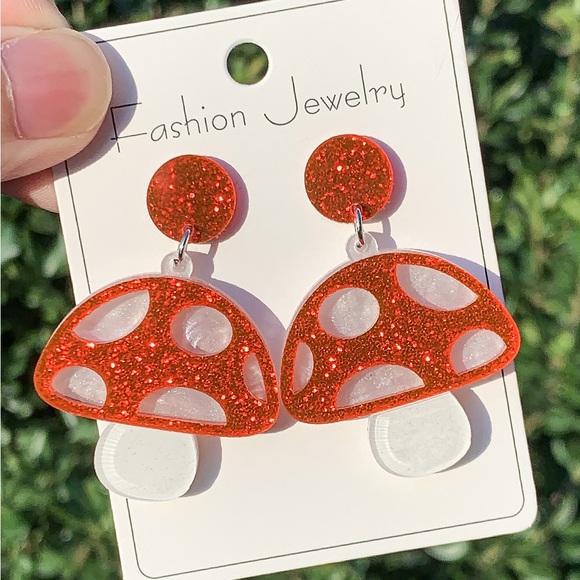 Glitter Red Mushroom Statement Earrings - Picture 2 of 6